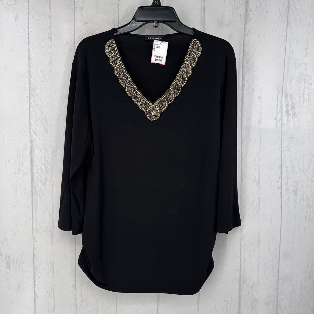 XL 3/4 slv embellished v-neck top
