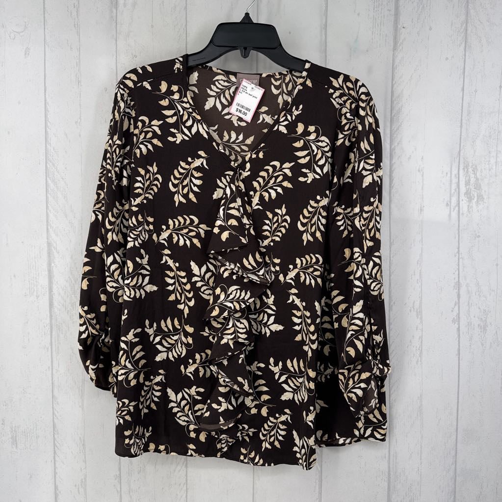 L 3/4 slv leaf print tiered ruffle top
