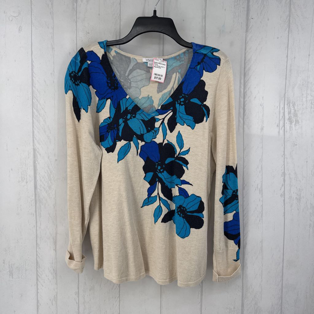 L l/s flower print v-neck sweater