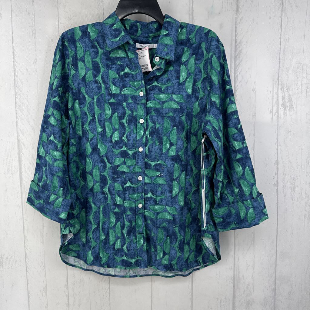 R89 L half circle print button down 3/4 slv top