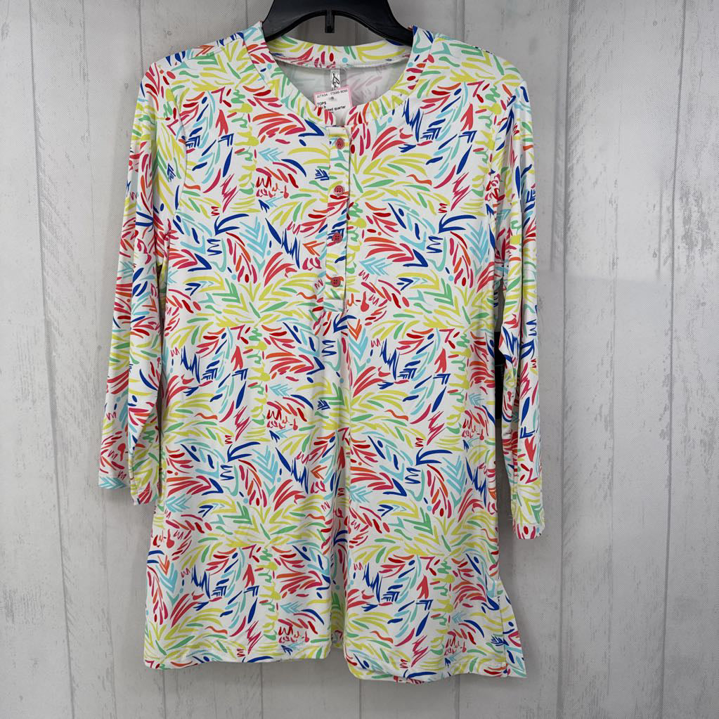 M printed quarter button down 3/4 slv top