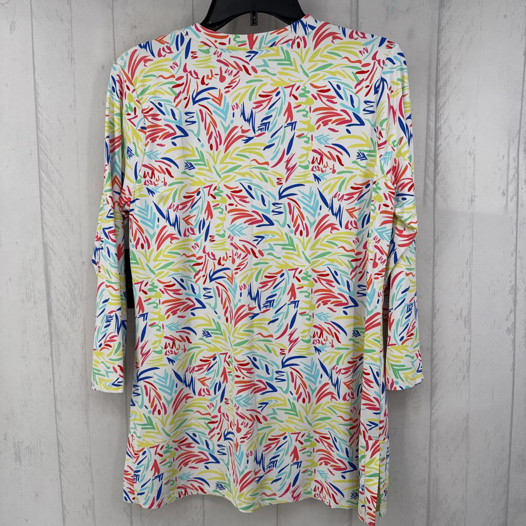 M printed quarter button down 3/4 slv top