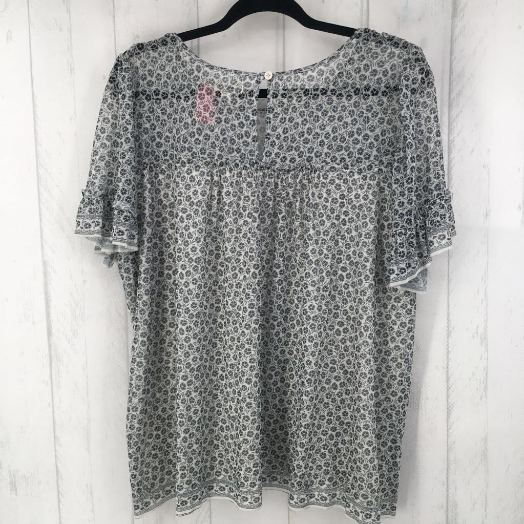 2X flo print mesh ruffled slv top