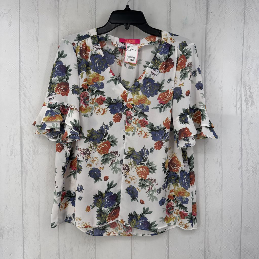 M tiered ruffle slv floral top