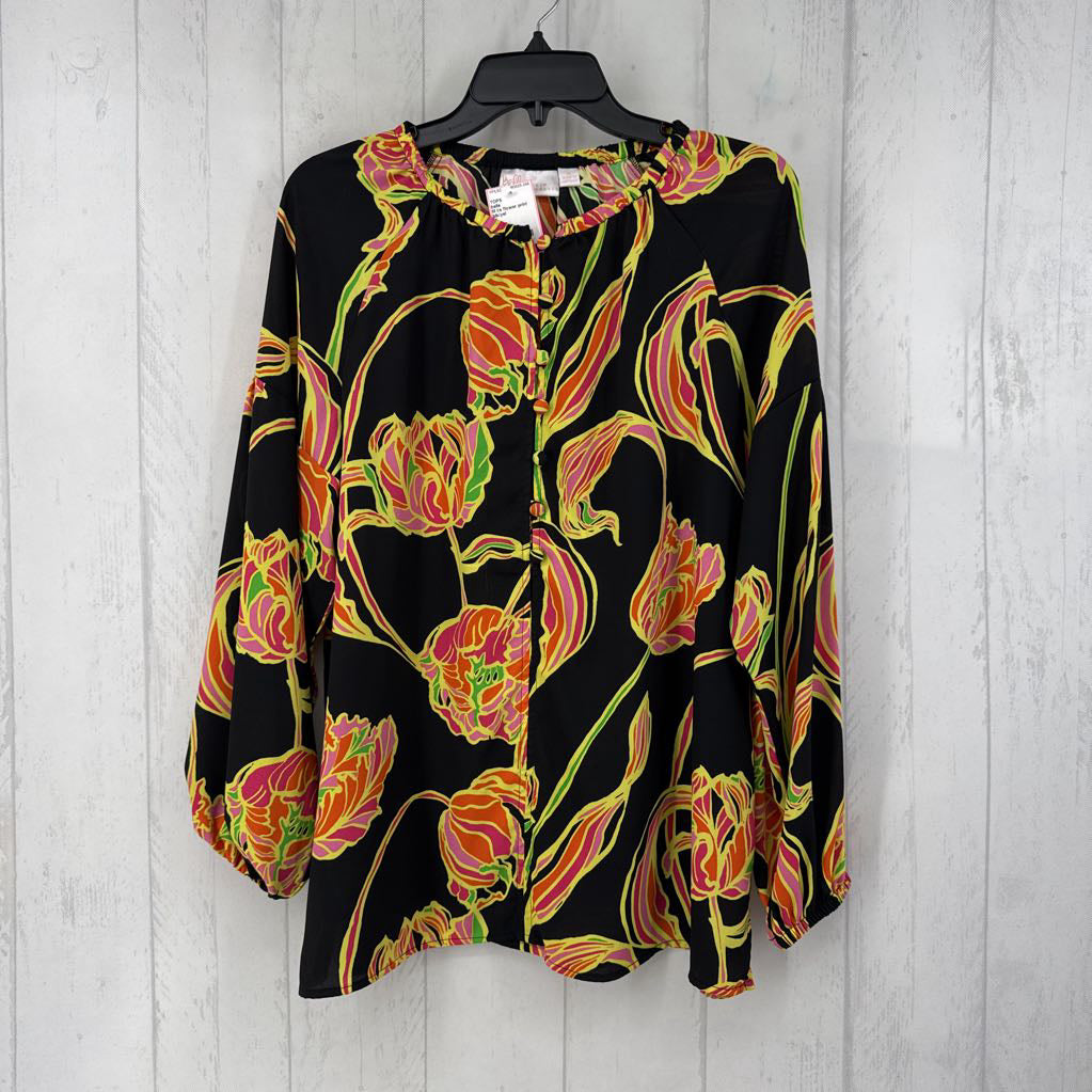M l/s flower print half button top