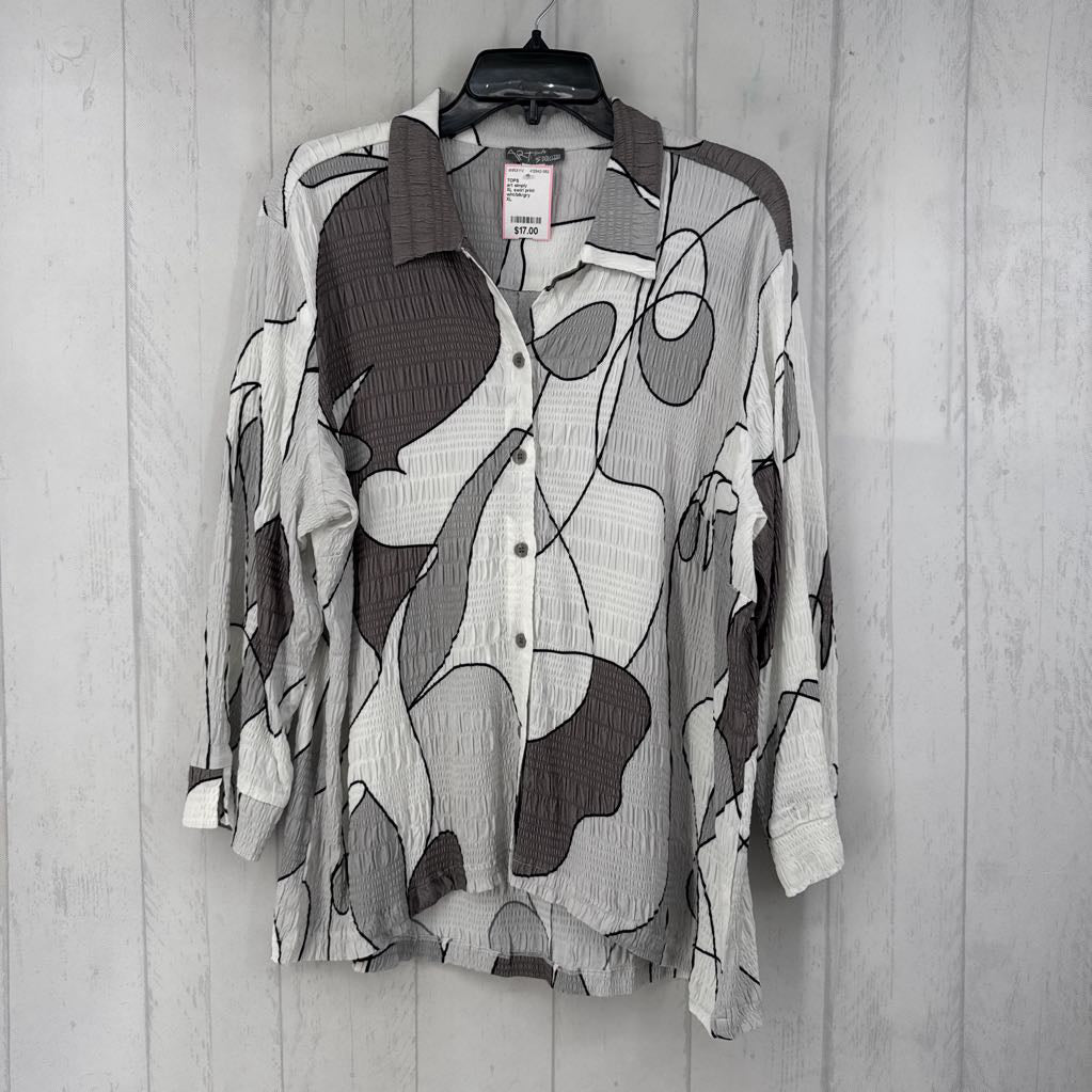 XL swirl print button down 3/4 slv top