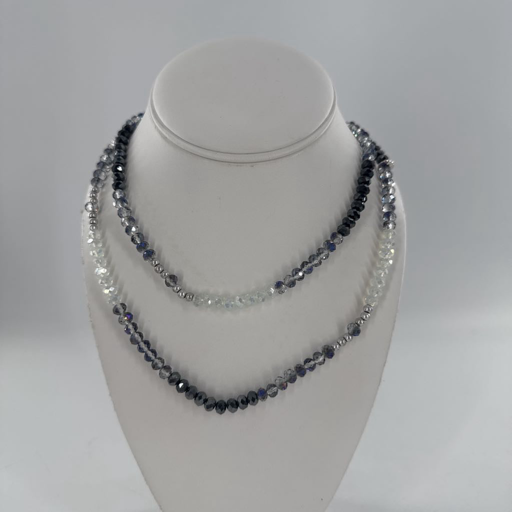 beaded long layering necklace-gry/blu