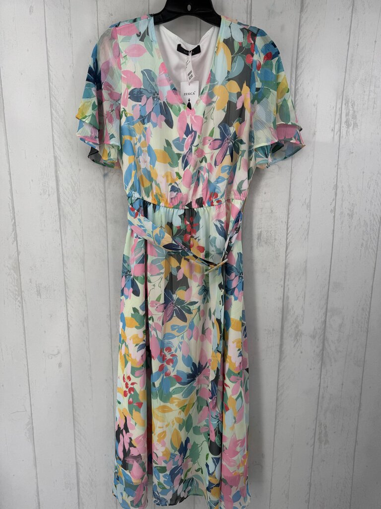 L flo print v-neck belted ruffled slv dress
