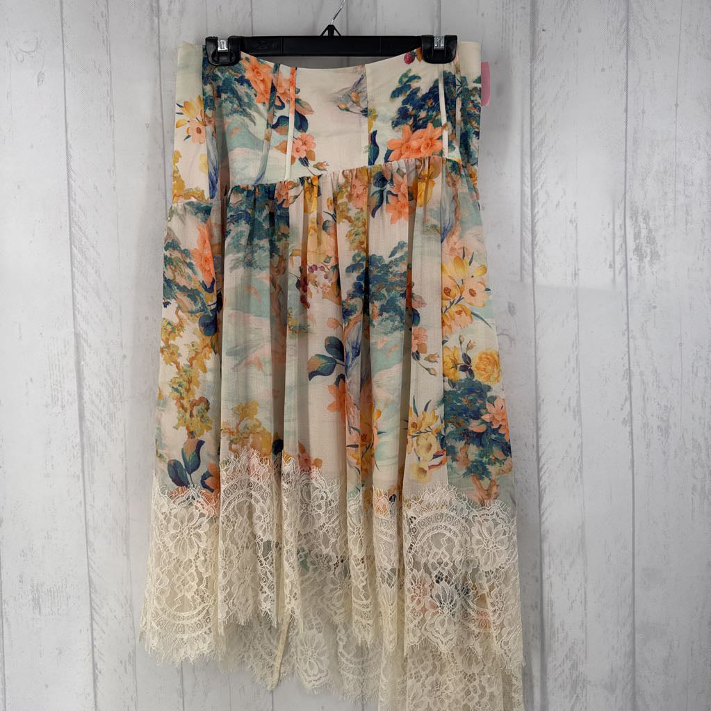 M flo print lace trim slvls dress