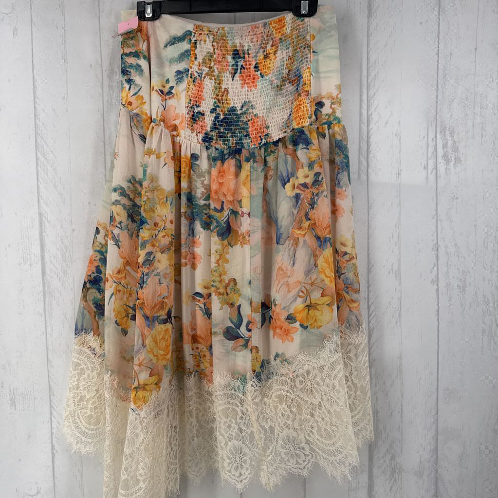 M flo print lace trim slvls dress