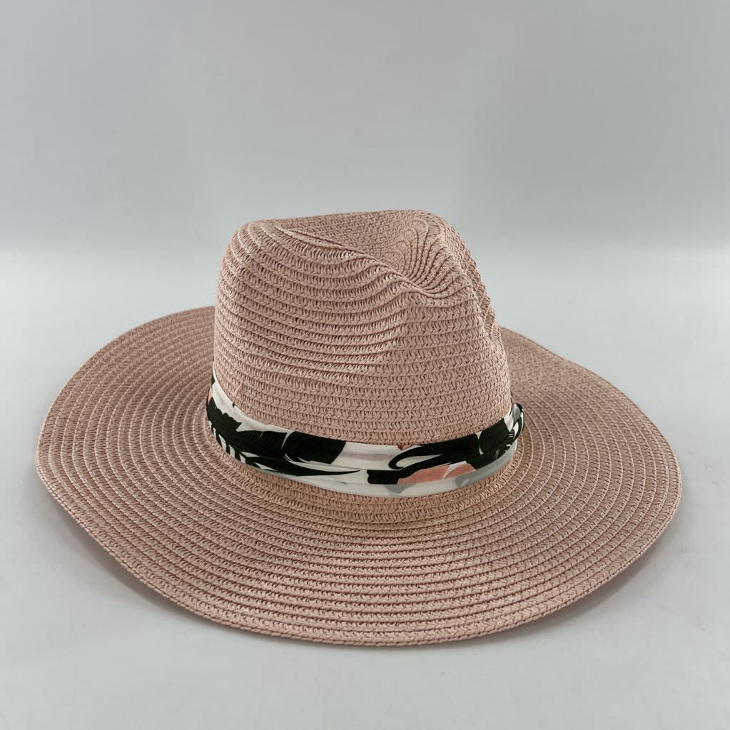 pink wide brim sunhat w/ leaf print ribbon