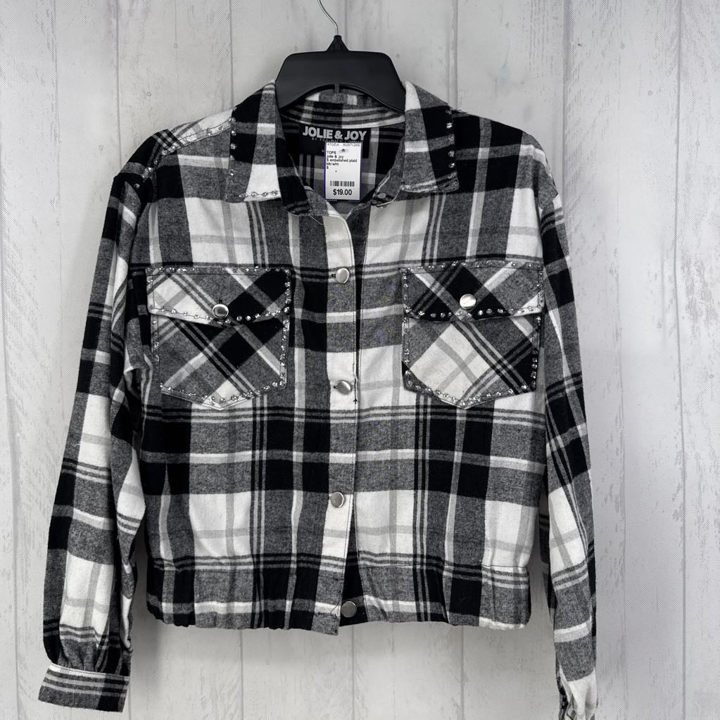 S embelished plaid crop shacket