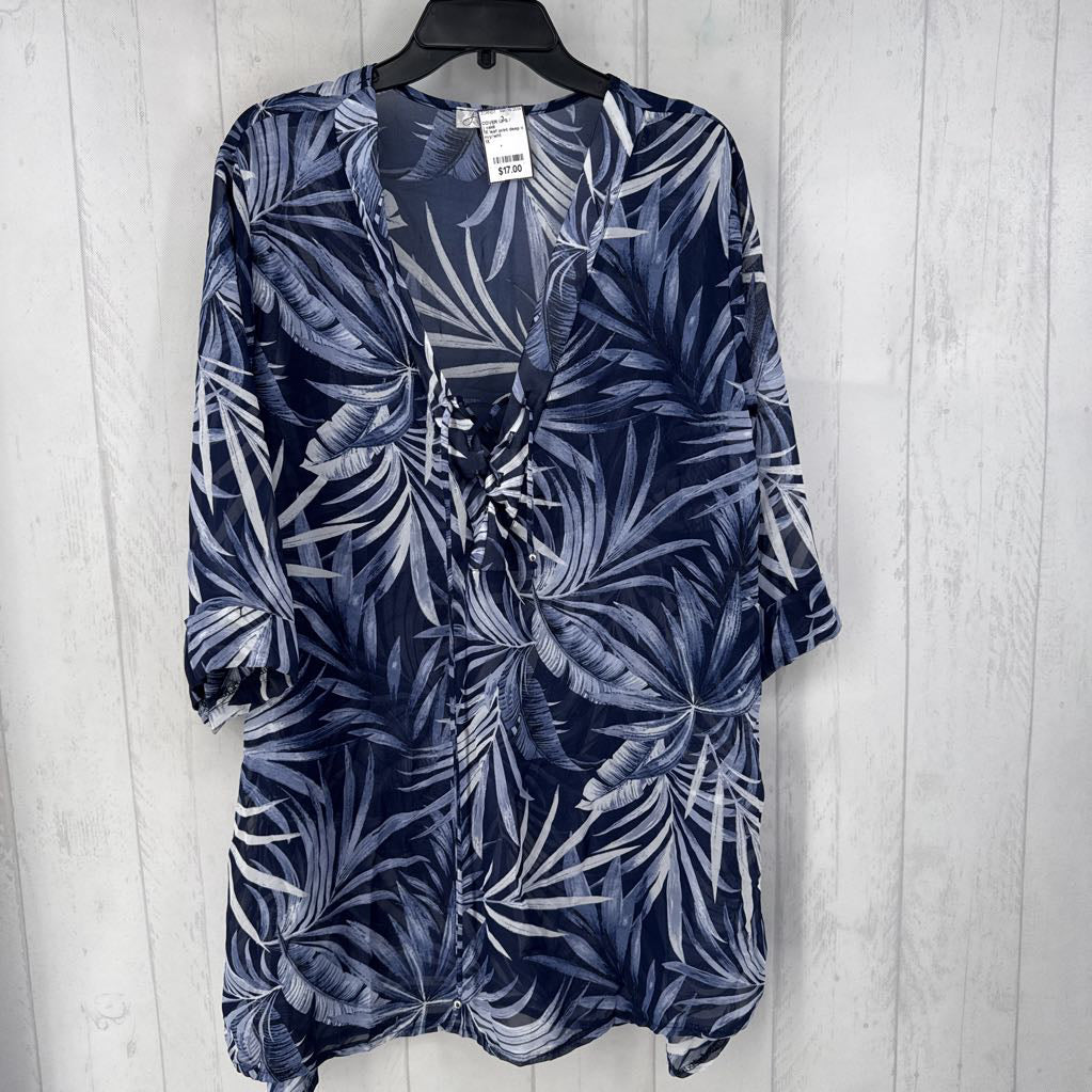 1X leaf print deep v neck cover up