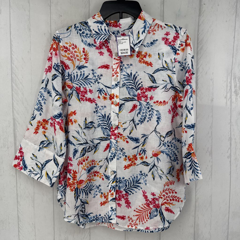 6 linen flo print button down 3/4 slv top