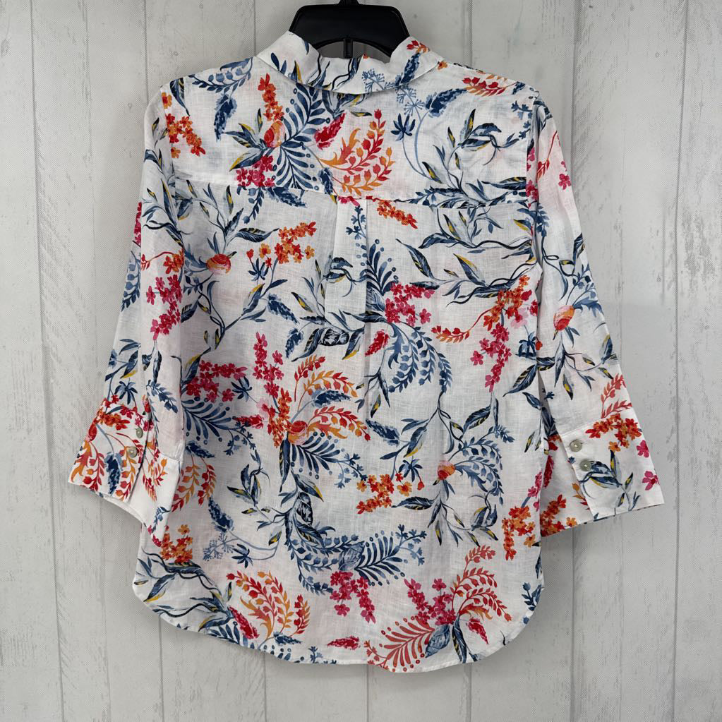 6 linen flo print button down 3/4 slv top