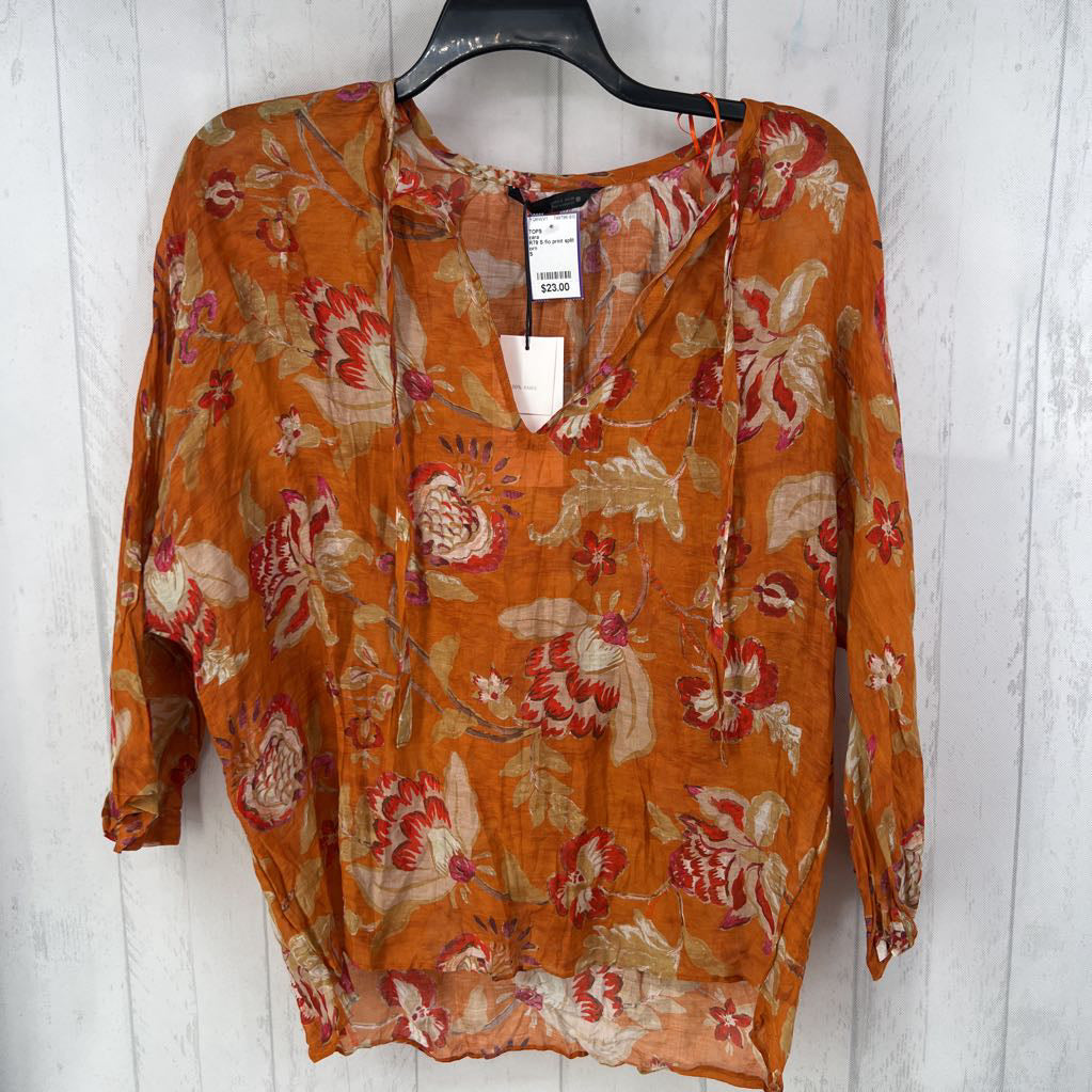 R79 S flo print split neck 3/4 slv top