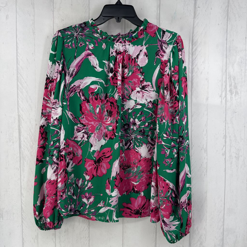 L flo print ruffled neck l/s top