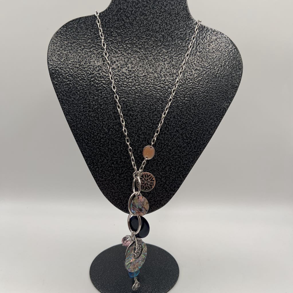 silver tone abalone shel disc charm necklace