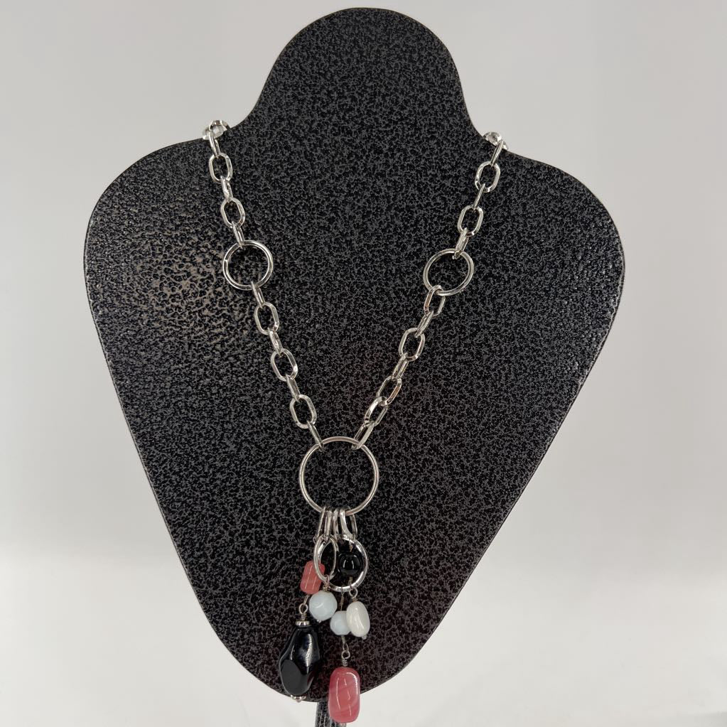 14" silver tone black & pink beaded necklace