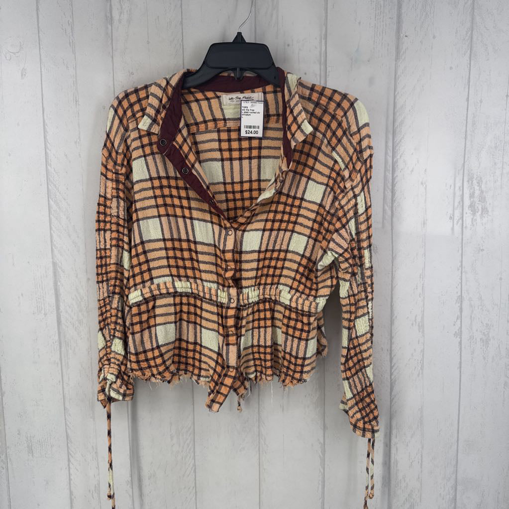 L plaid ruched slv button down top