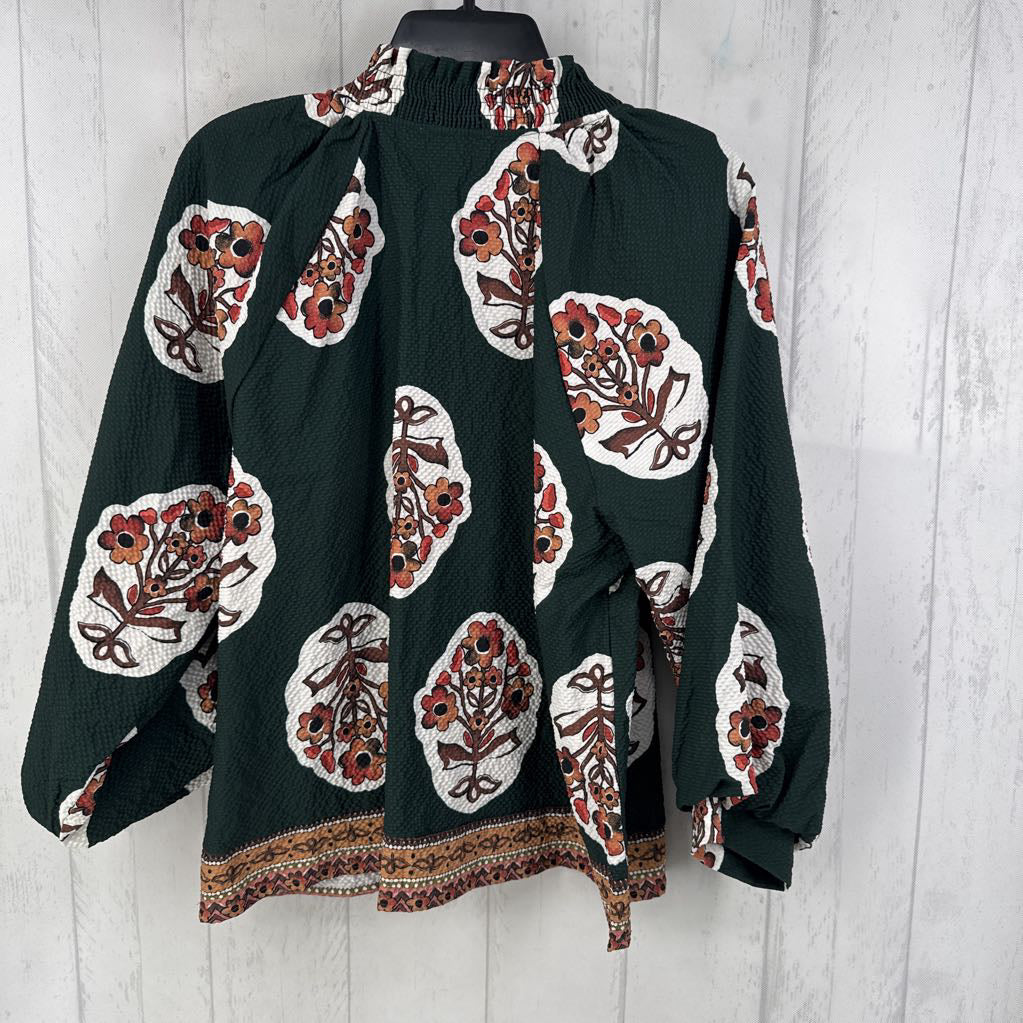 L flo print smocked v-neck 3/4 slv top