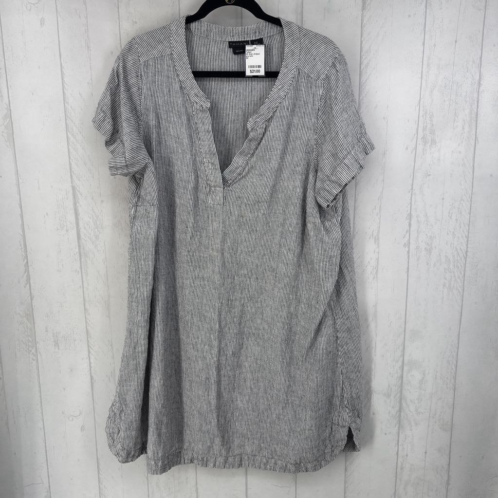 2X linen striped split neck s/s dress
