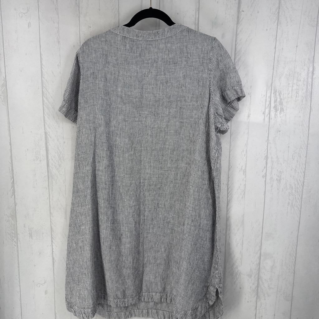 2X linen striped split neck s/s dress