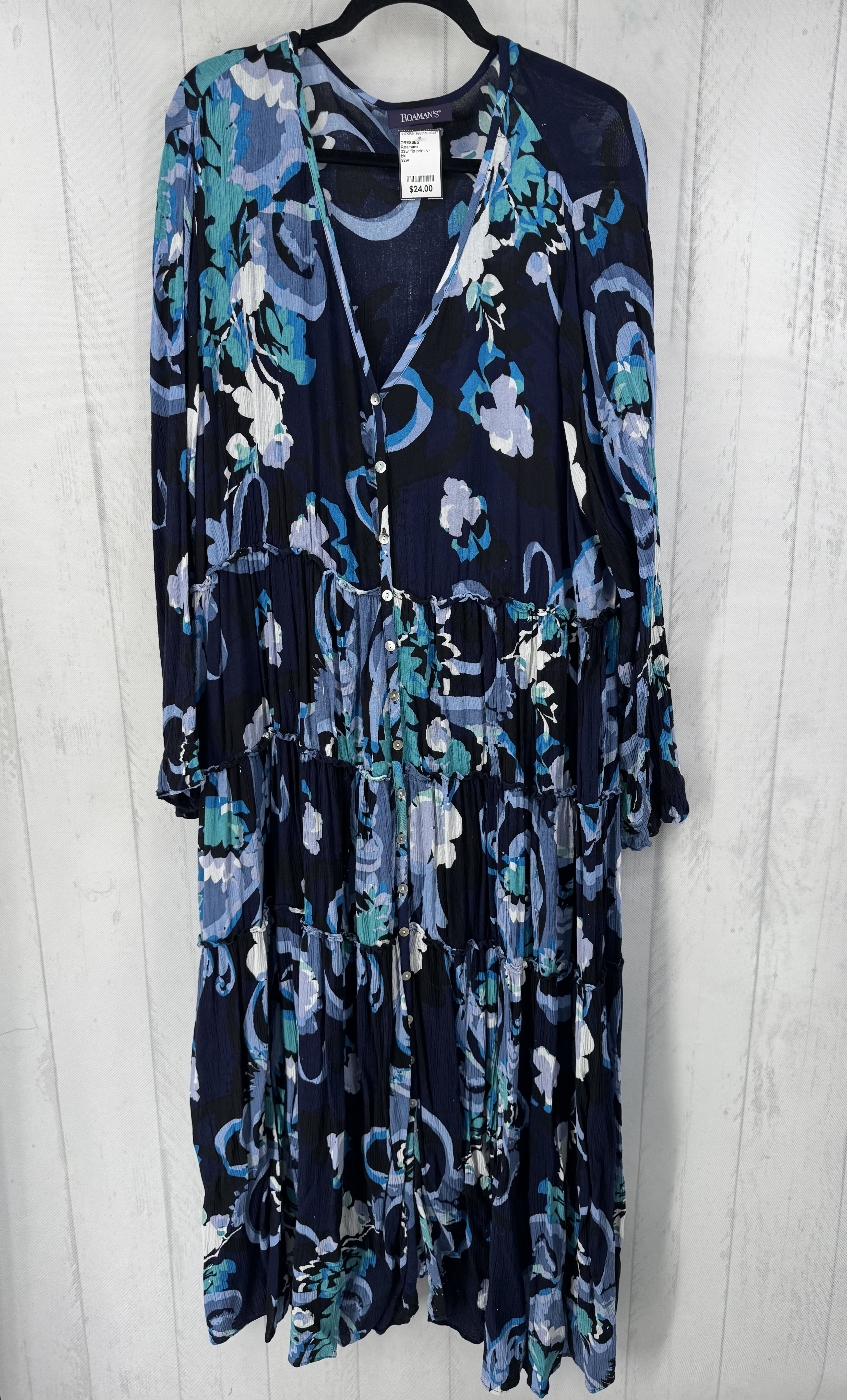 22w flo print v-neck tiered l/s dress