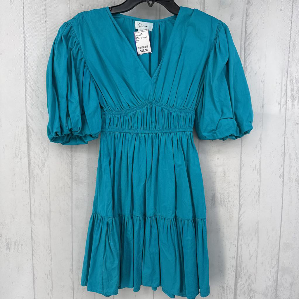 XS puff slv v-neck tiered mini dress