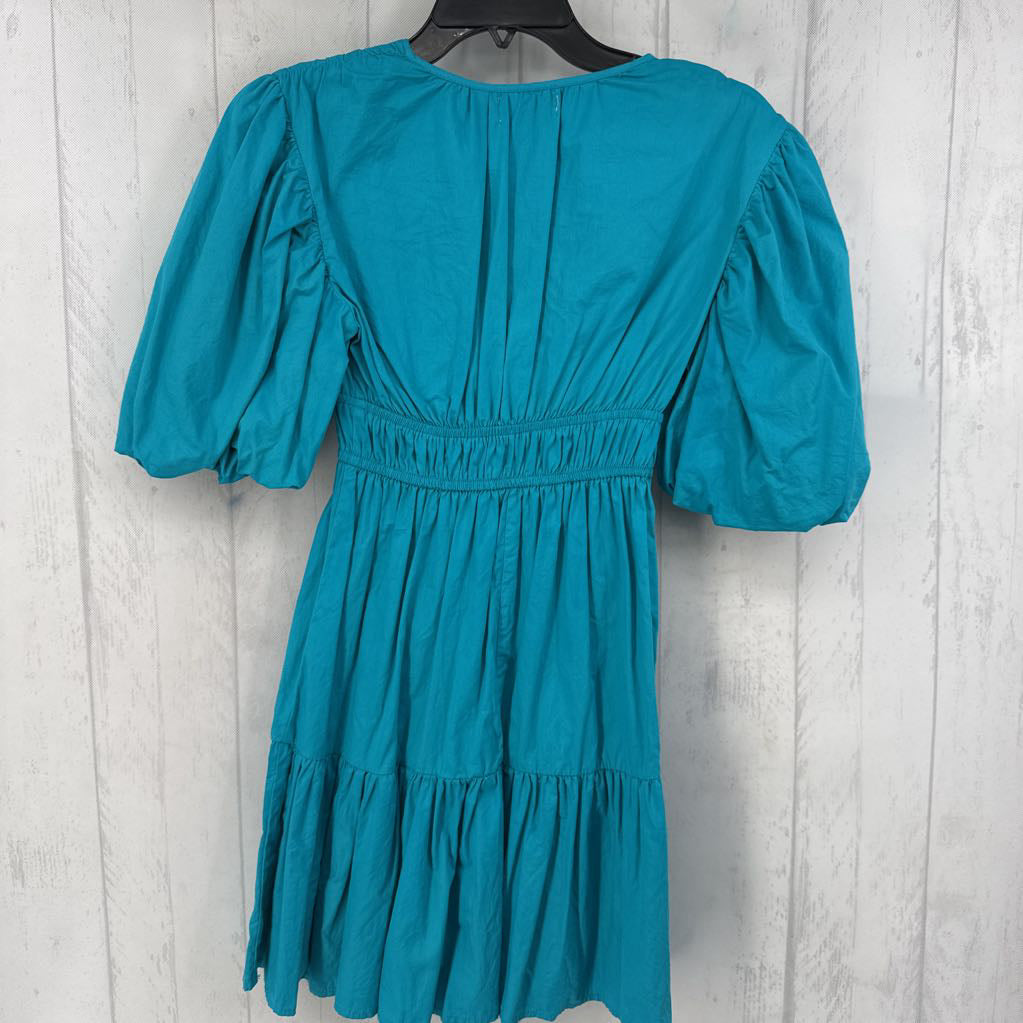 XS puff slv v-neck tiered mini dress