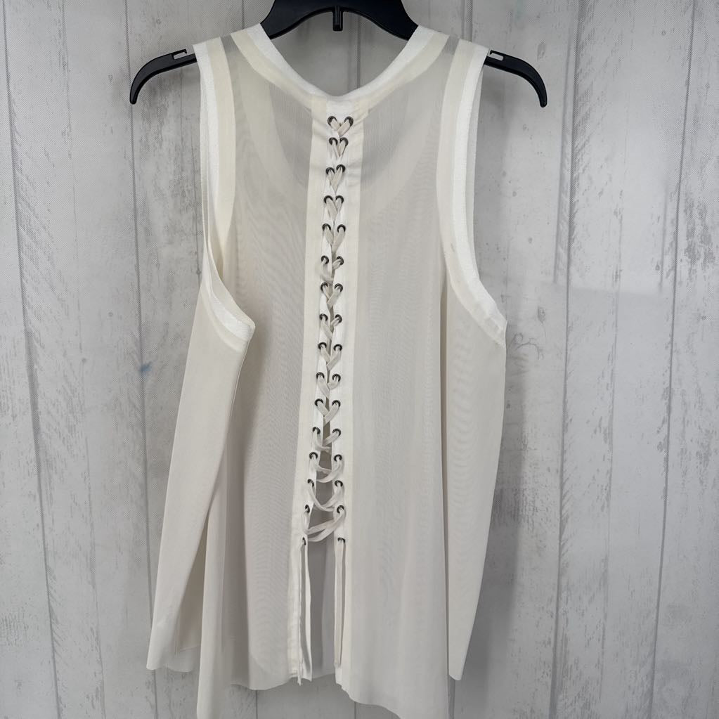 XL lace-up back asymetrical hem mesh tank