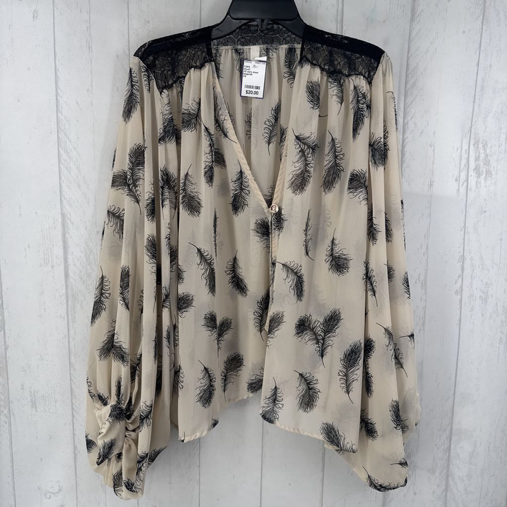 XS semi sheer feather print top