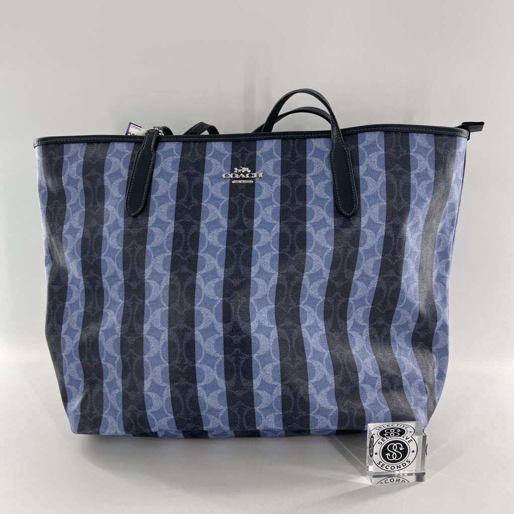 top zip signature stripe tote