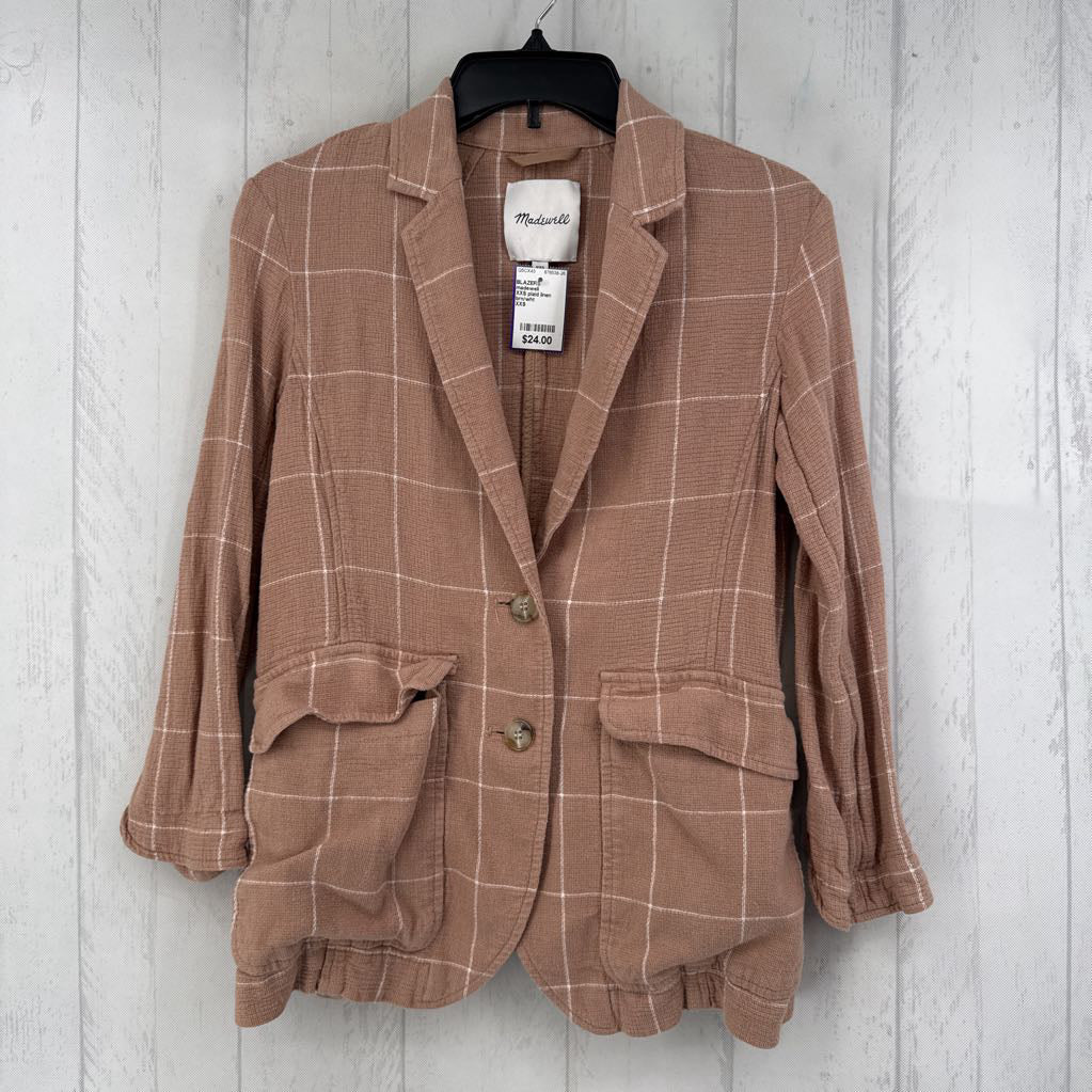 XXS plaid linen blend 3/4 slv blazer