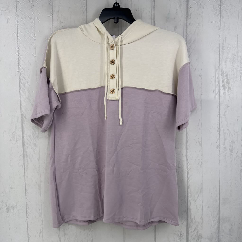M colorblock hooded button front s/s top
