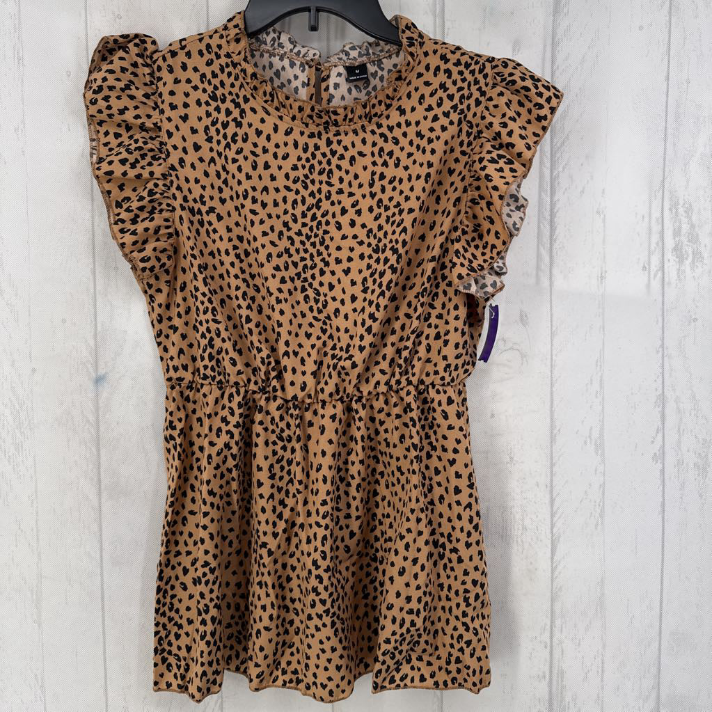 M animal print mock neck flutter slv peplum top