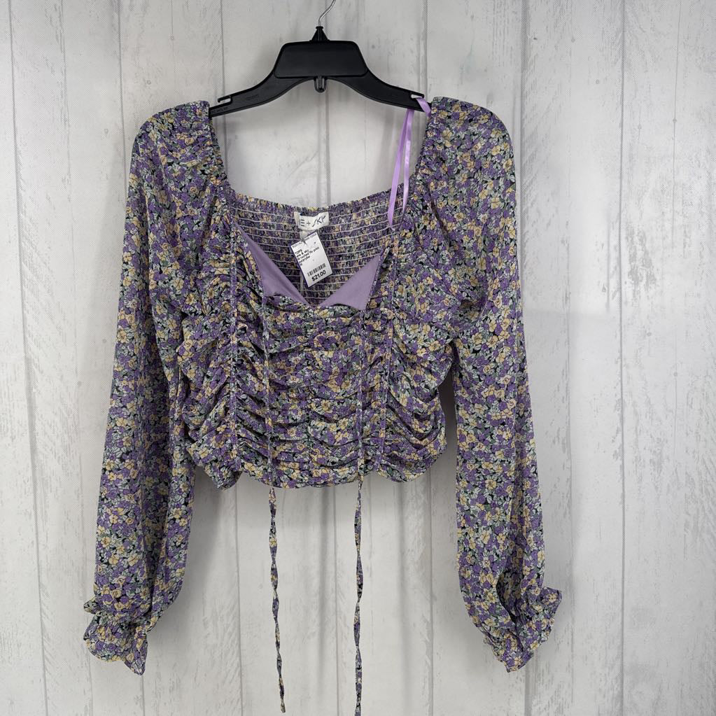 M ruched flo print l/s crop top