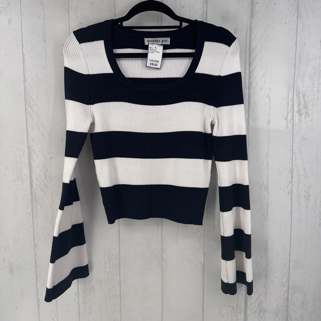 L rib knit striped flare slv top