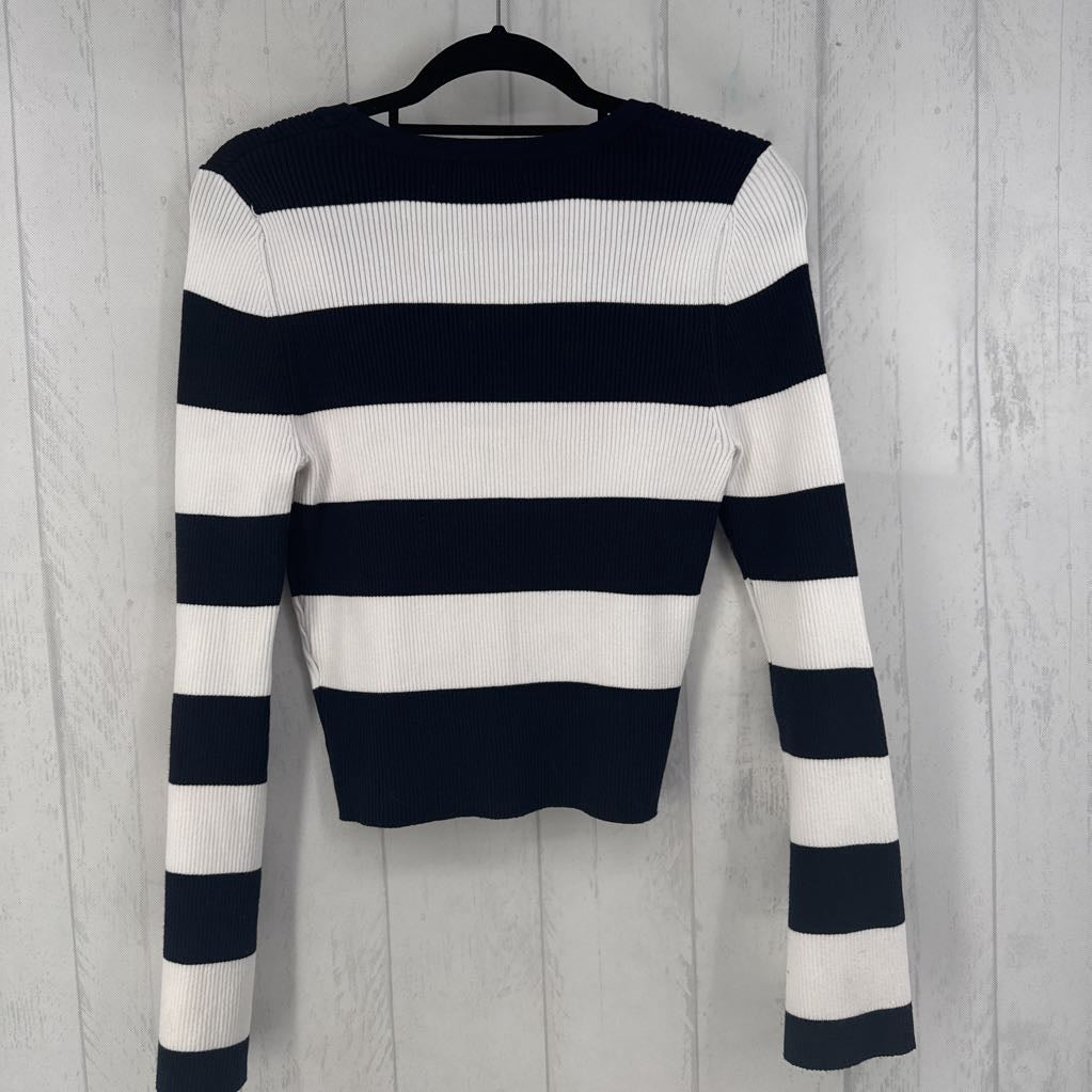 L rib knit striped flare slv top