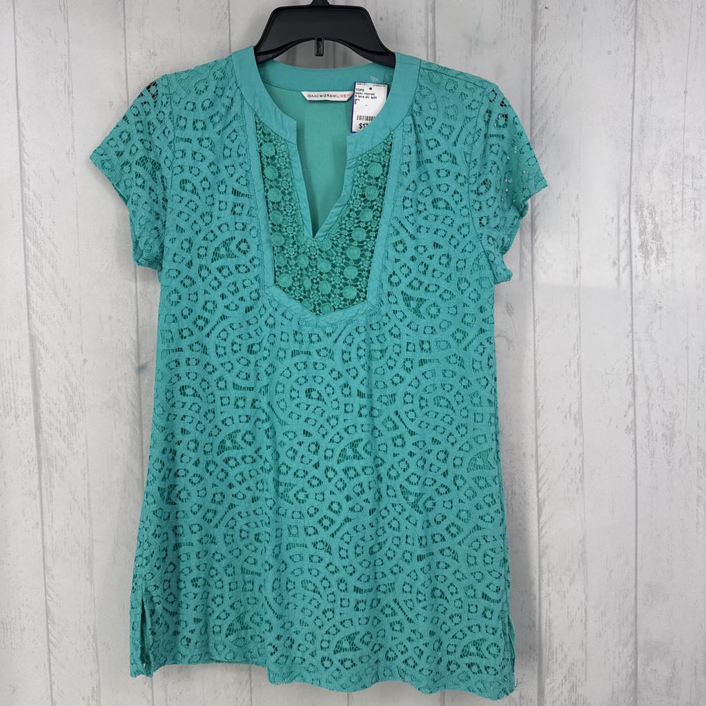 S lace slv split neck s/s top