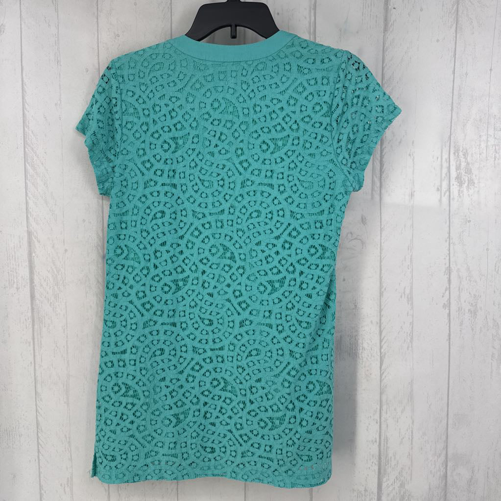 S lace slv split neck s/s top