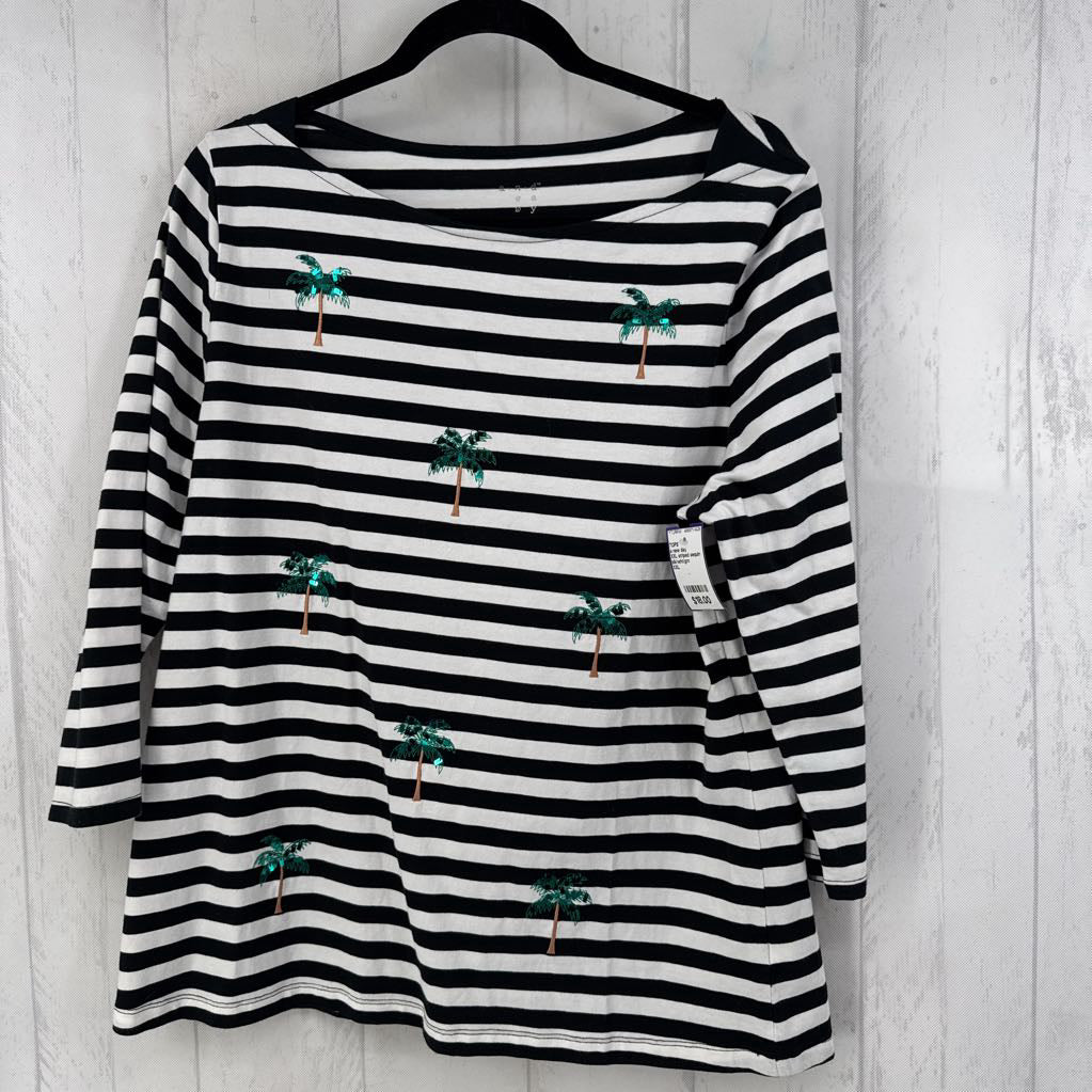 XXL striped sequin palm tree 3/4 slv top