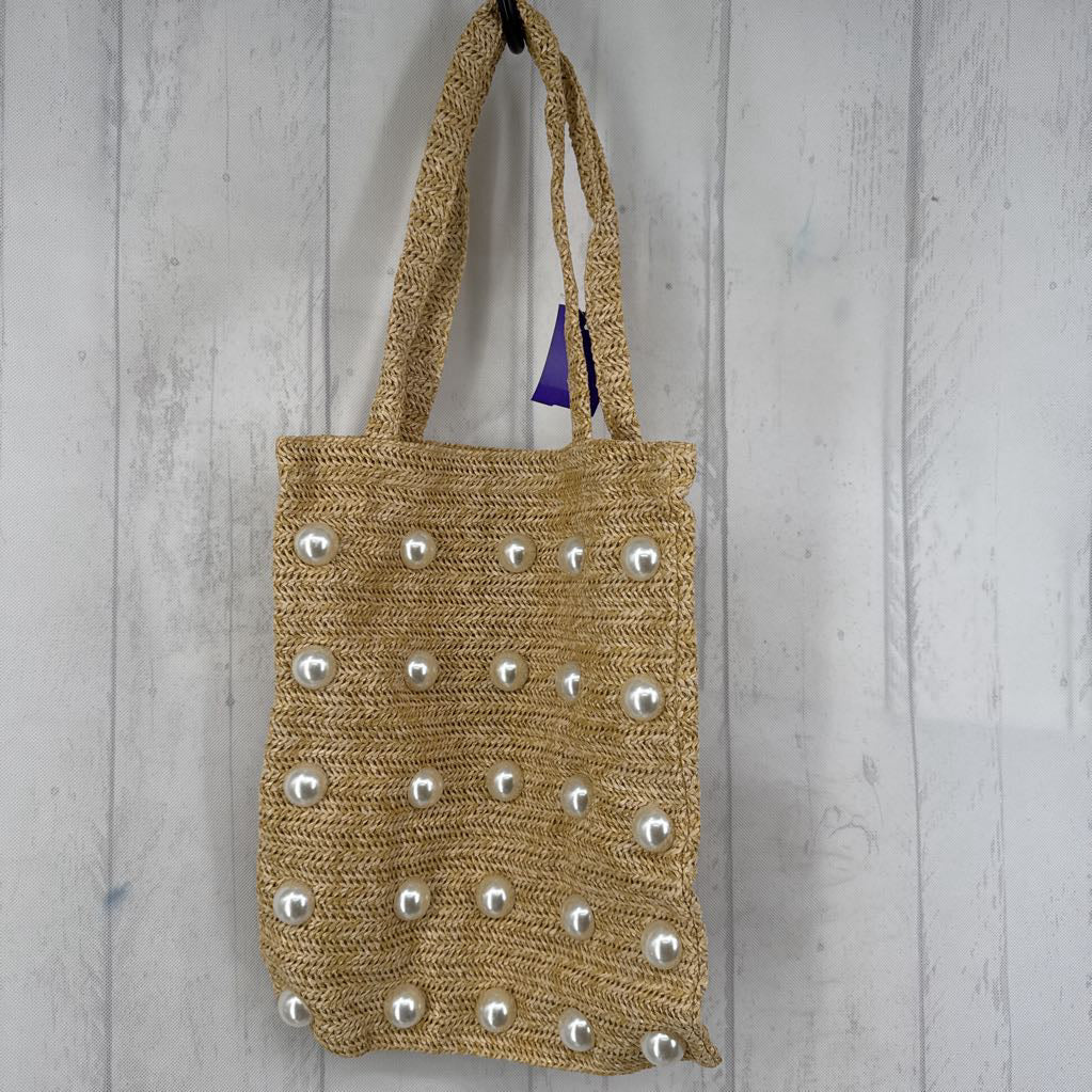 hand woven raffia tote w/ embellished pearl beads