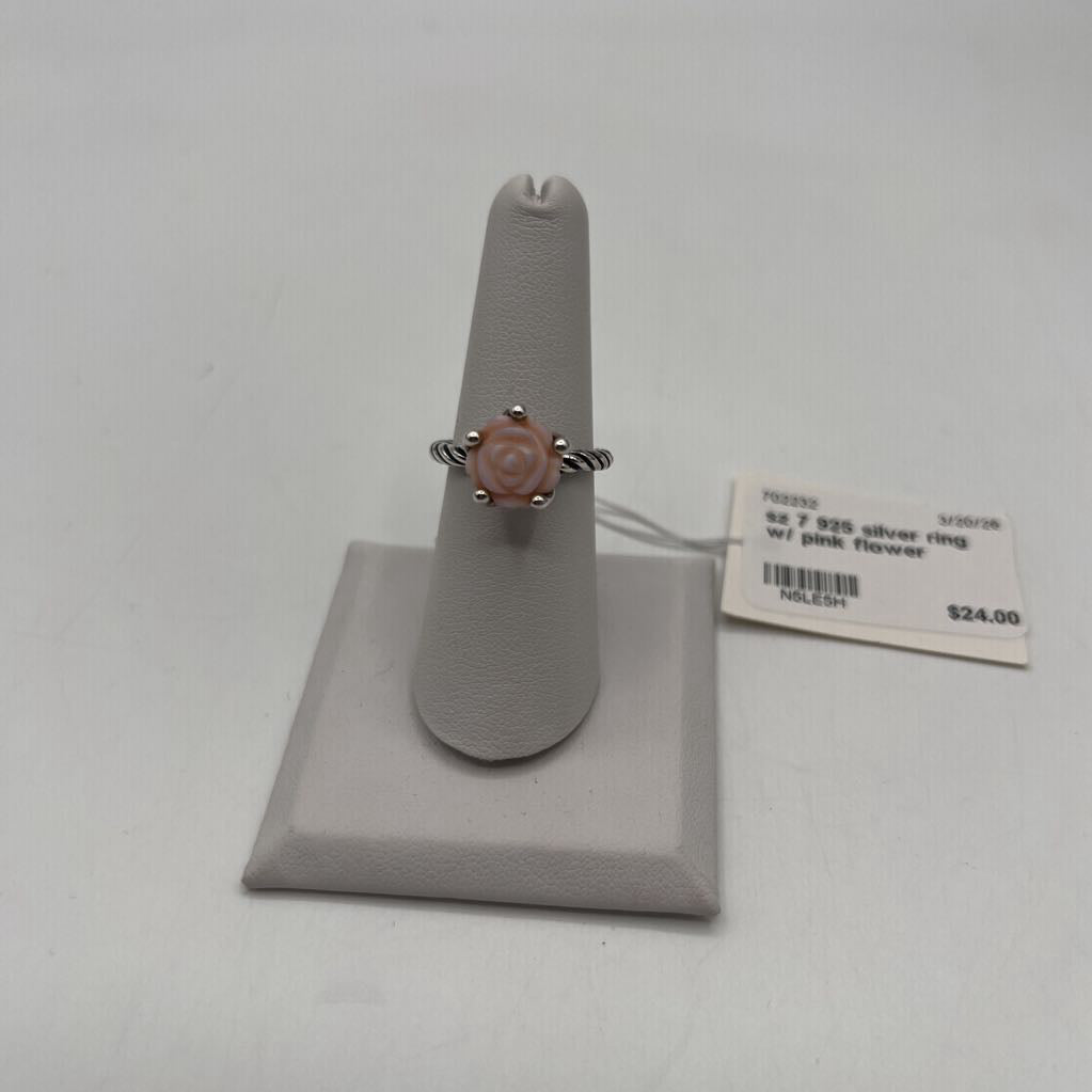 sz 7 925 silver ring w/ pink flower