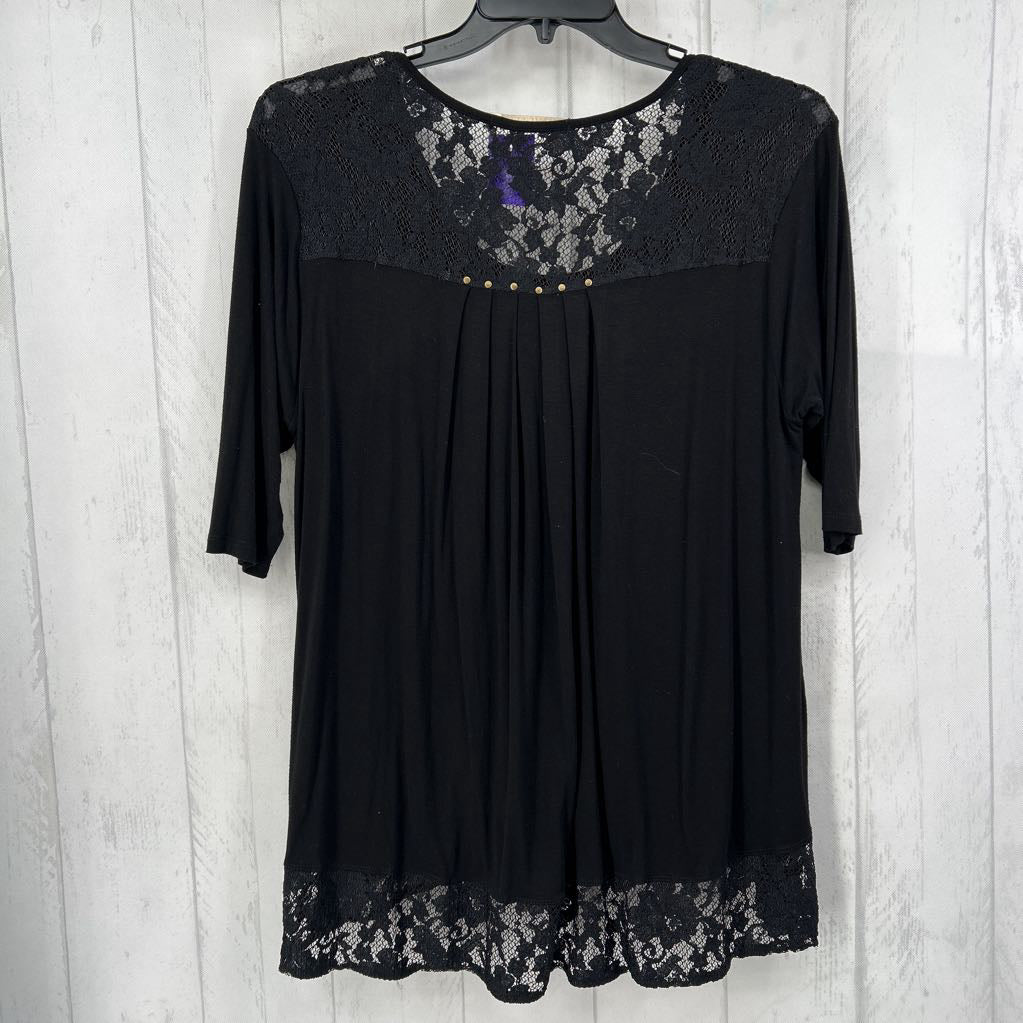 L lace trim scoop neck elbow slv top