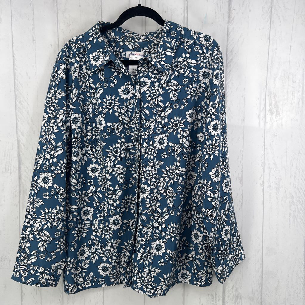 3X flo print button down l/s top