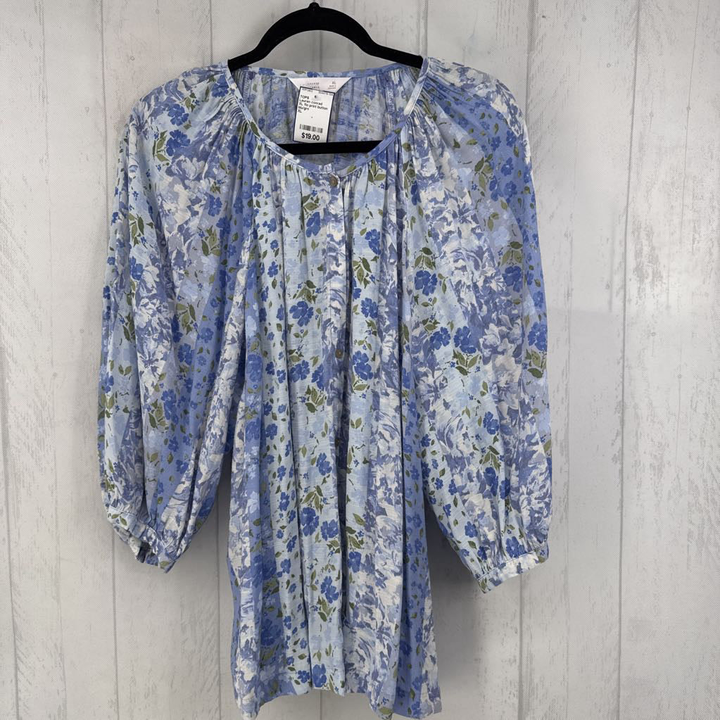 XL flo print button down 3/4 slv top