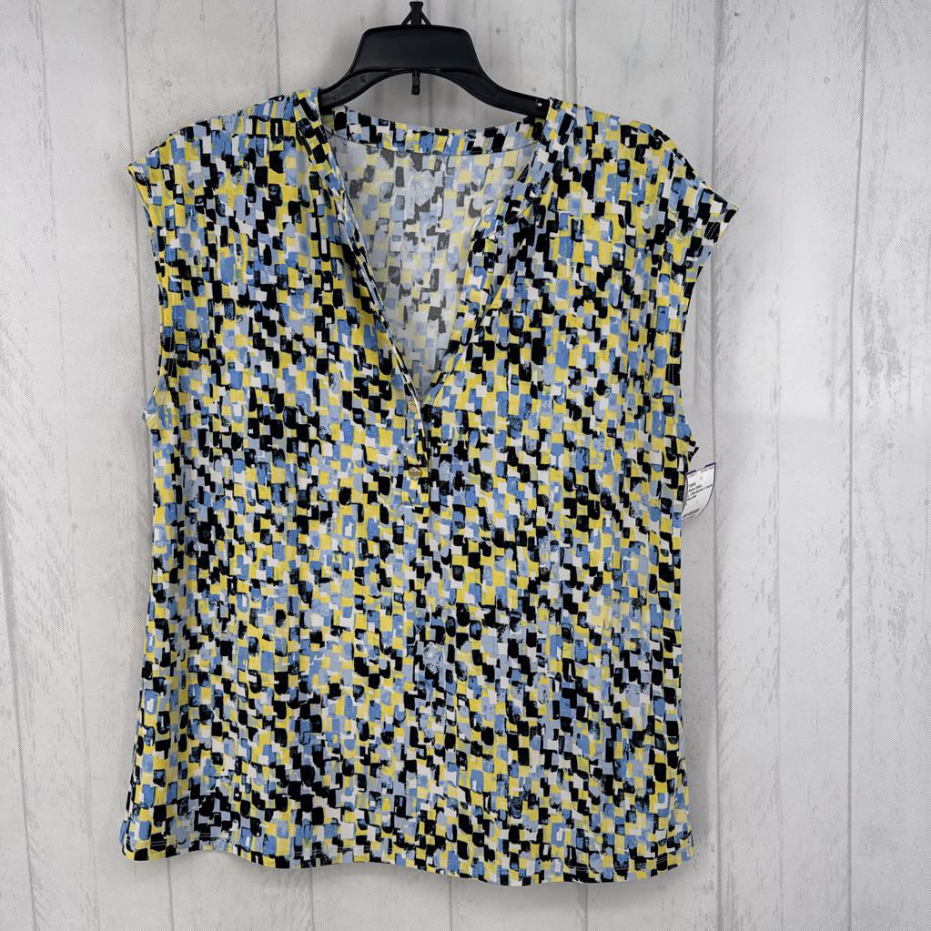 L checkered v-neck button front cap slv top