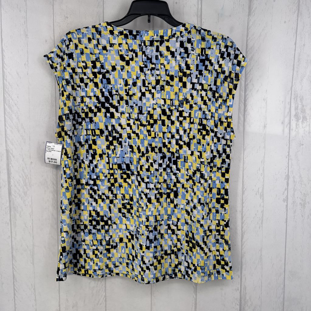 L checkered v-neck button front cap slv top