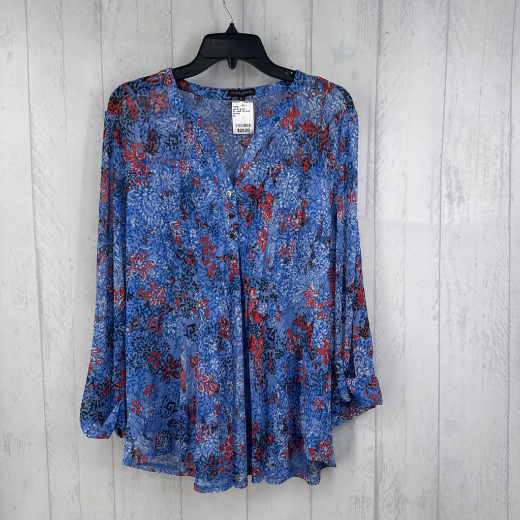 XL mesh flo print pleated l/s top